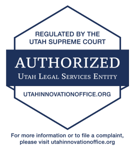 Blue six-sided badge with the words “Regulated by the Utah Supreme Court, AUTHORIZED Utah Legal Services Entity, utahinnovationoffice.org